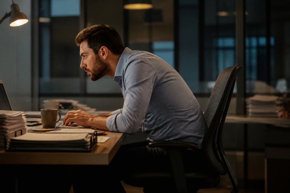 Office worker sitting at desk with poor posture, shoulders rounded forward and head jutting ahead of the spine in dim office lighting