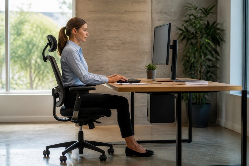 Professional workspace with monitor positioned at eye level, ergonomic office chair with lumbar support, keyboard and mouse at elbow height, feet flat on floor, worker sitting with neutral spine alignment