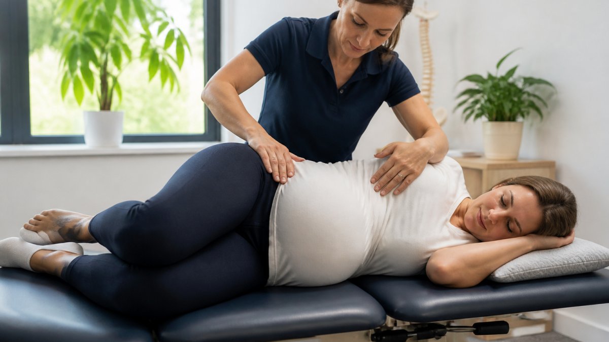 Pregnant woman receiving gentle spinal adjustment from chiropractor using pregnancy-safe side-lying position in modern clinical setting with natural lighting