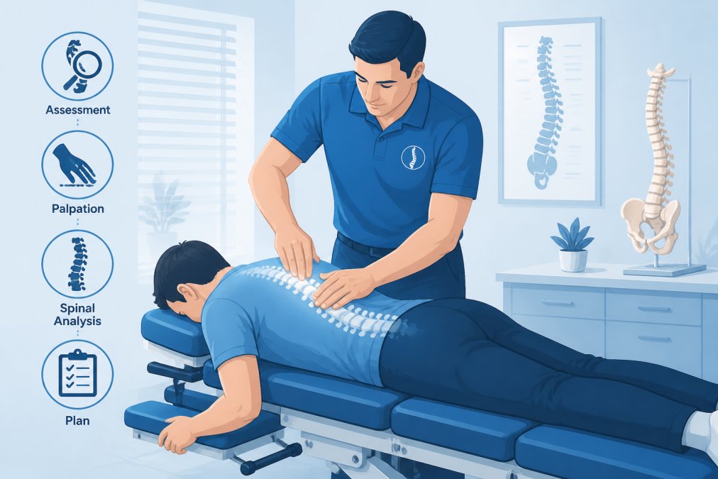 Chiropractor performing detailed spinal examination on patient lying face-down on professional adjustment table in bright clinical setting with anatomical spine models visible
