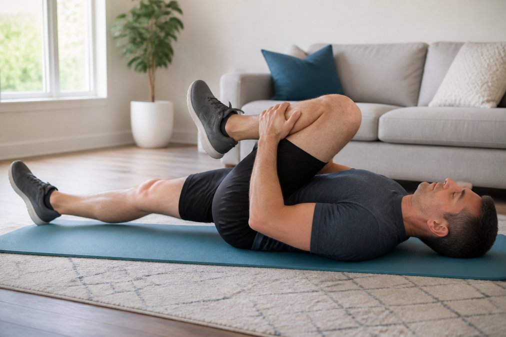 Adult performing gentle sciatic nerve stretching exercise at home, lying on back with one knee pulled toward chest in bright living room setting