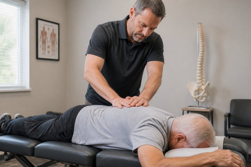 Experienced chiropractor performing gentle spinal adjustment on senior patient lying face-down on padded treatment table in clinical setting with soft overhead lighting