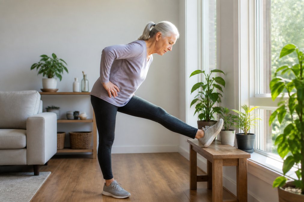 Active senior woman performing gentle standing hamstring stretch in bright home setting with natural window lighting, demonstrating proper posture and form
