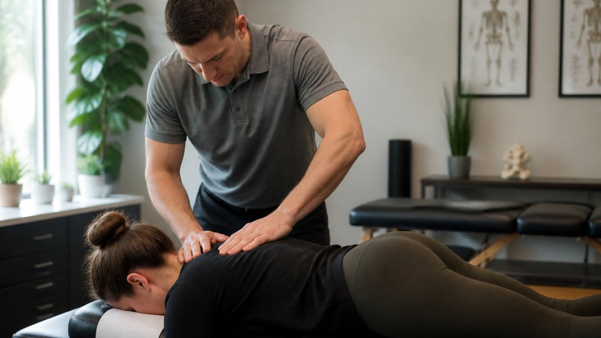 A chiropractor in a bright treatment room gently assessing a patient's neck and upper back while the patient lies face down on a chiropractic table