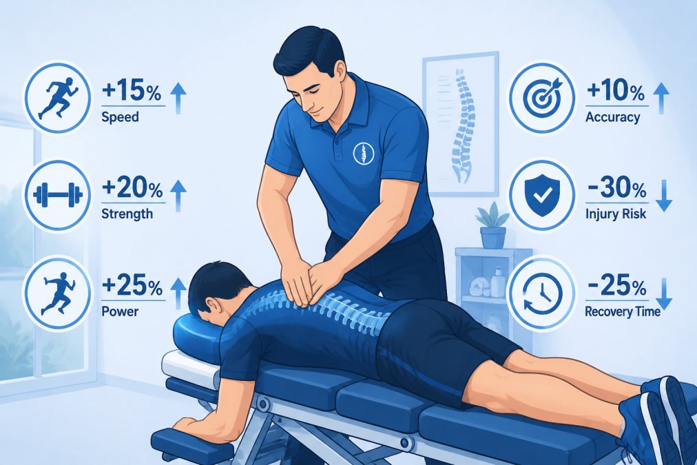 Chiropractor performing spinal adjustment on athlete lying face-down on treatment table in modern clinical setting with soft natural lighting