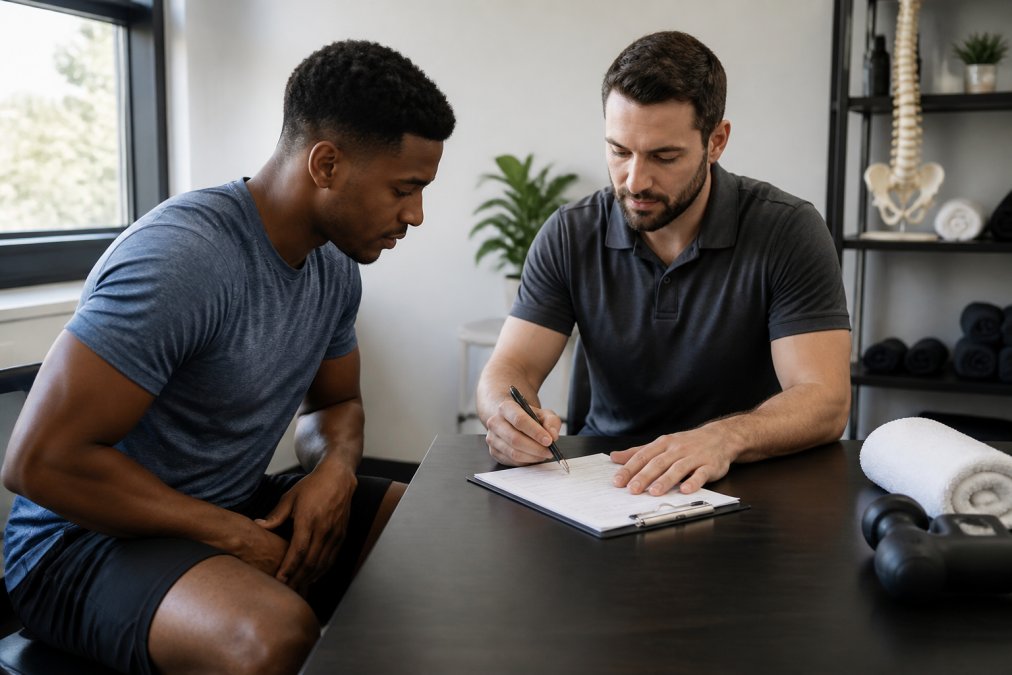Athlete in athletic wear consulting with chiropractor in modern clinic, reviewing training notes and discussing treatment plan at desk with natural window lighting