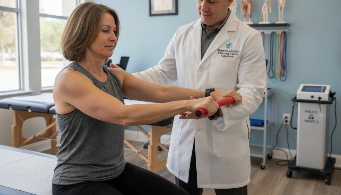 Person performing eccentric wrist extension exercise with resistance tool over table edge, showing proper form with neutral wrist position and controlled lowering motion