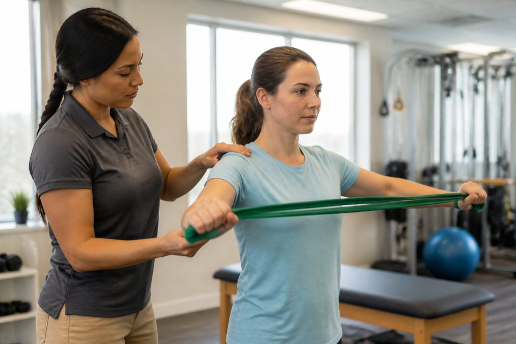 Physical therapist guiding patient through therapeutic exercise using resistance bands in bright rehabilitation clinic with natural light