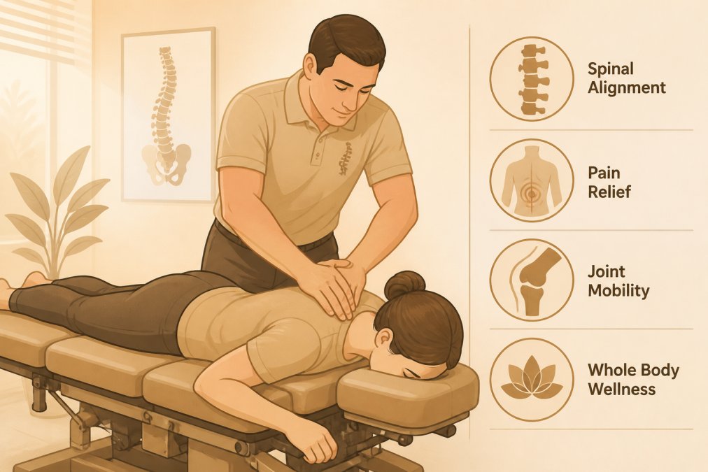Chiropractor performing spinal adjustment on patient lying face-down on treatment table in clinical setting with warm lighting