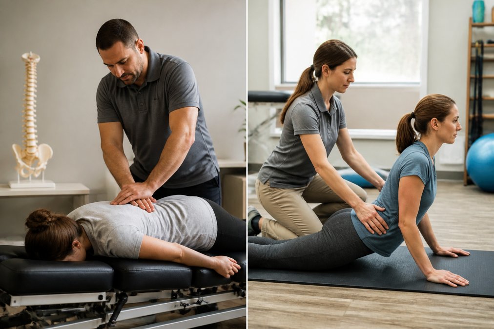A healthcare professional in a bright clinic guiding a patient through a gentle back stretch on a treatment table, with an anatomical spine model visible on a nearby counter