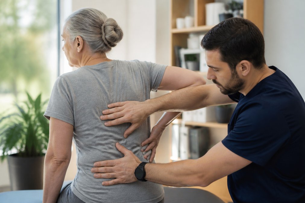 Healthcare professional demonstrating proper back examination technique with patient in clinical setting with natural lighting