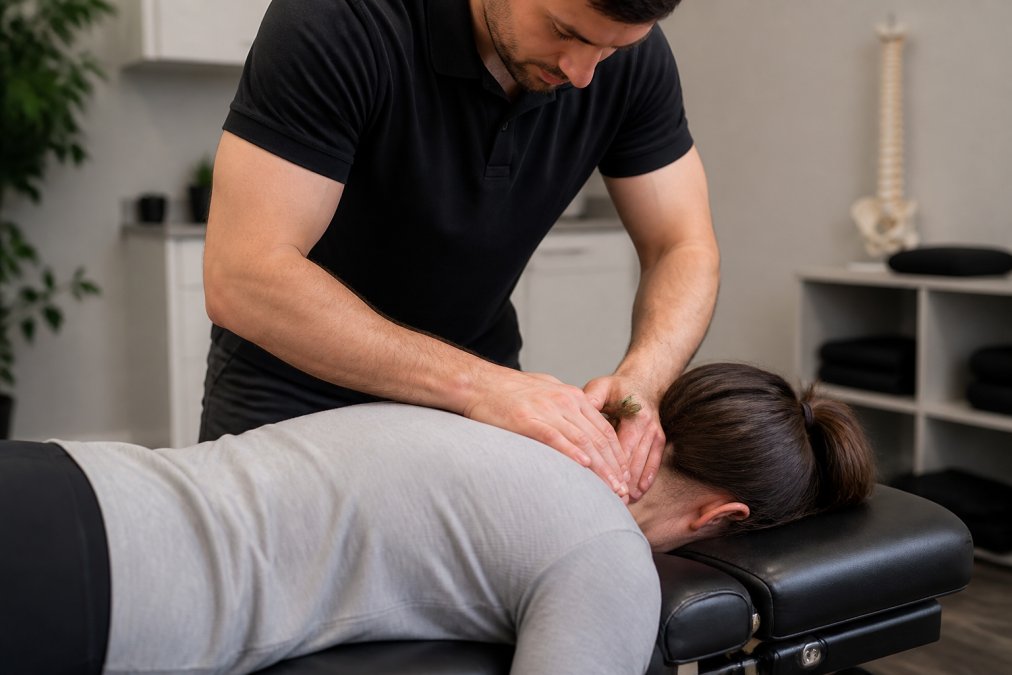 Chiropractor performing spinal manipulation on patient lying face-down on treatment table, demonstrating proper hand positioning on upper cervical spine with focused clinical lighting in modern clinic setting