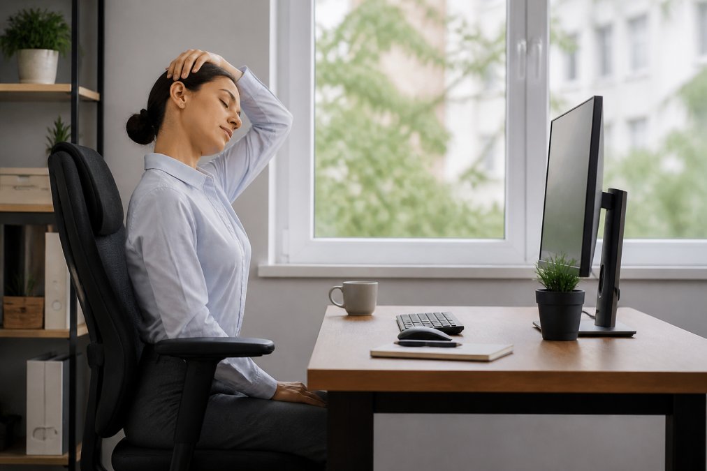 Person performing gentle neck stretch at desk with proper ergonomic posture, monitor at eye level, shoulders relaxed, natural office lighting showing correct positioning