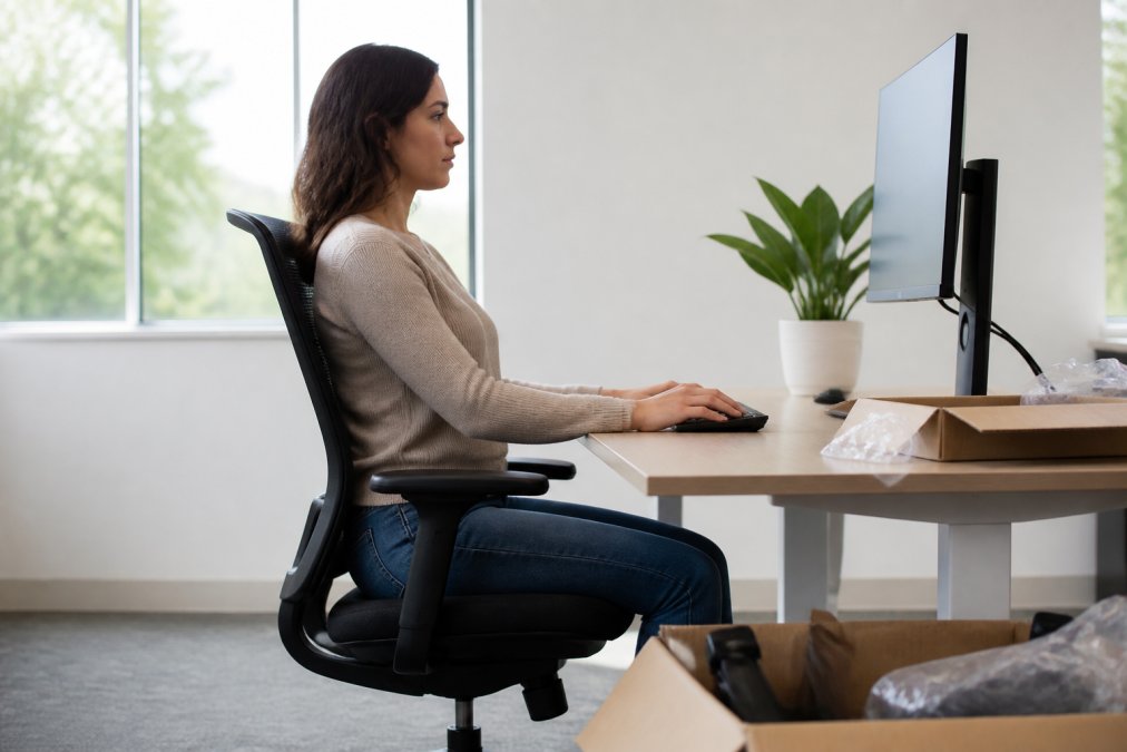 Office worker sitting at desk with proper ergonomic posture, monitor at eye level, shoulders relaxed, feet flat on floor, demonstrating correct cervical spine alignment and neutral neck position