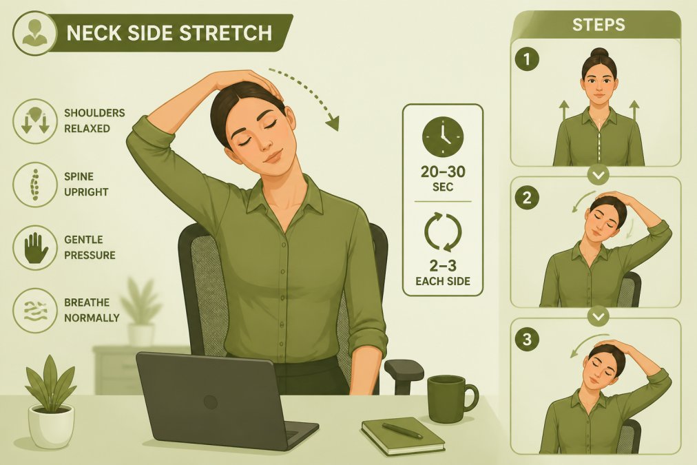 Professional demonstrating gentle neck stretch at desk, hands supporting head, showing proper form with relaxed shoulders and controlled movement