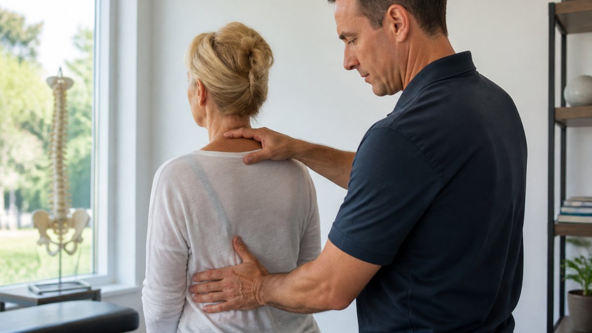 Professional chiropractor performing spinal assessment with patient in modern clinical setting with natural lighting