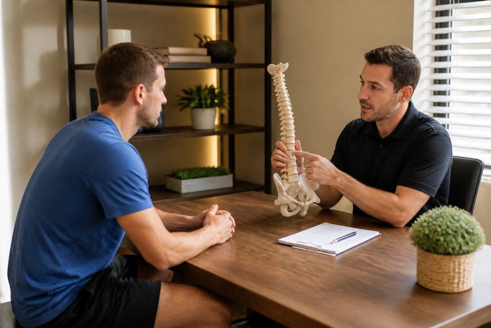 A chiropractor and a new patient sitting across from each other at a consultation desk in a modern, warmly lit chiropractic office, both appearing relaxed and engaged in conversation