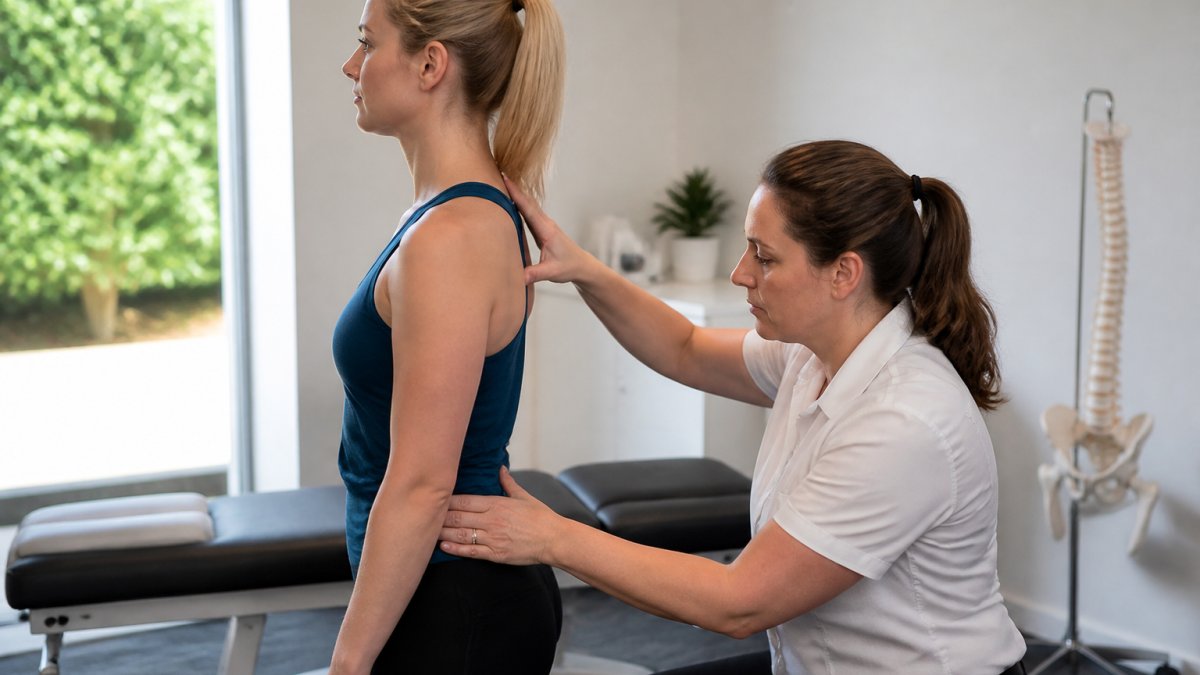 Chiropractor performing posture assessment on patient, examining spinal alignment from side view in clinical setting with natural light