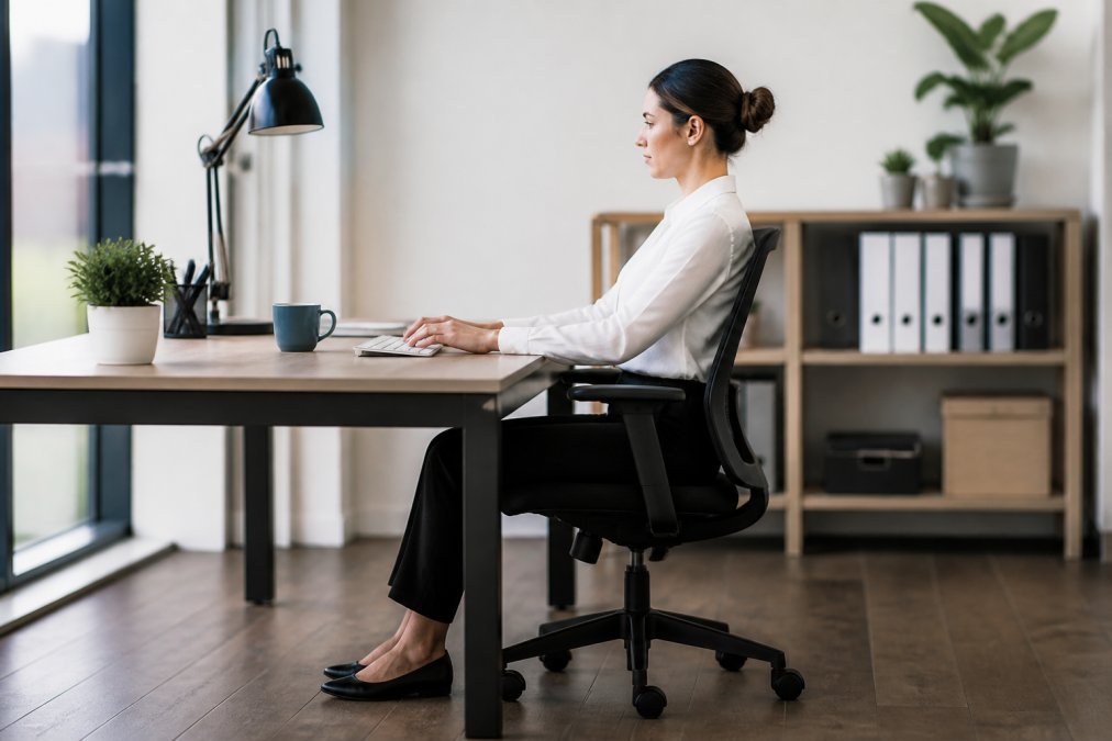 Professional sitting at ergonomic desk setup with monitor at eye level, shoulders relaxed, feet flat on floor, demonstrating proper posture during work in bright office setting