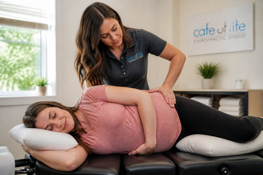 Diagram showing a chiropractor adjusting a pregnant woman for pregnancy back relief during a clinic visit
