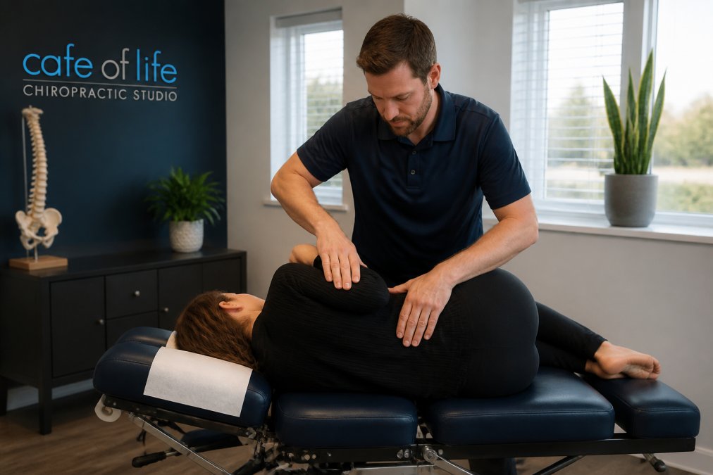 Infographic illustrating the step-by-step process of chiropractic for scoliosis and posture correction.