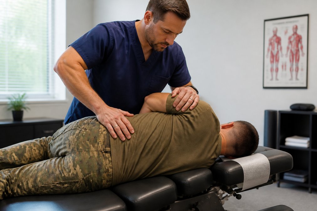 Veteran receiving spinal adjustment from chiropractor in modern clinical setting with natural lighting, showing hands-on treatment technique