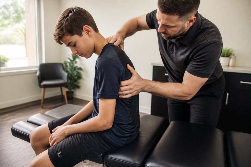 Young athlete receiving gentle spinal adjustment from chiropractor in bright, welcoming clinical setting with natural lighting, chiropractor's hands positioned carefully on patient's upper back