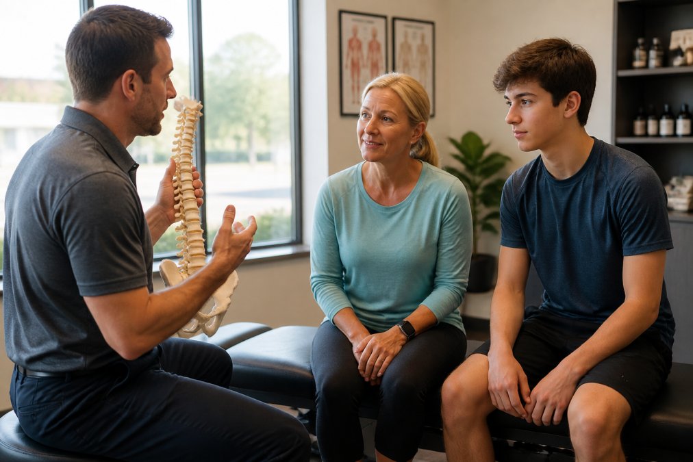 Parent and teenage athlete consulting with chiropractor in office, reviewing treatment plan together during initial consultation with natural lighting and welcoming environment