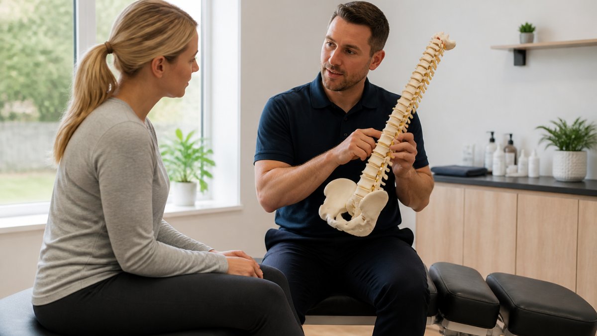 A calm, welcoming consultation room with a chiropractor discussing spinal health with a patient seated comfortably, showing clear communication and a reassuring professional environment
