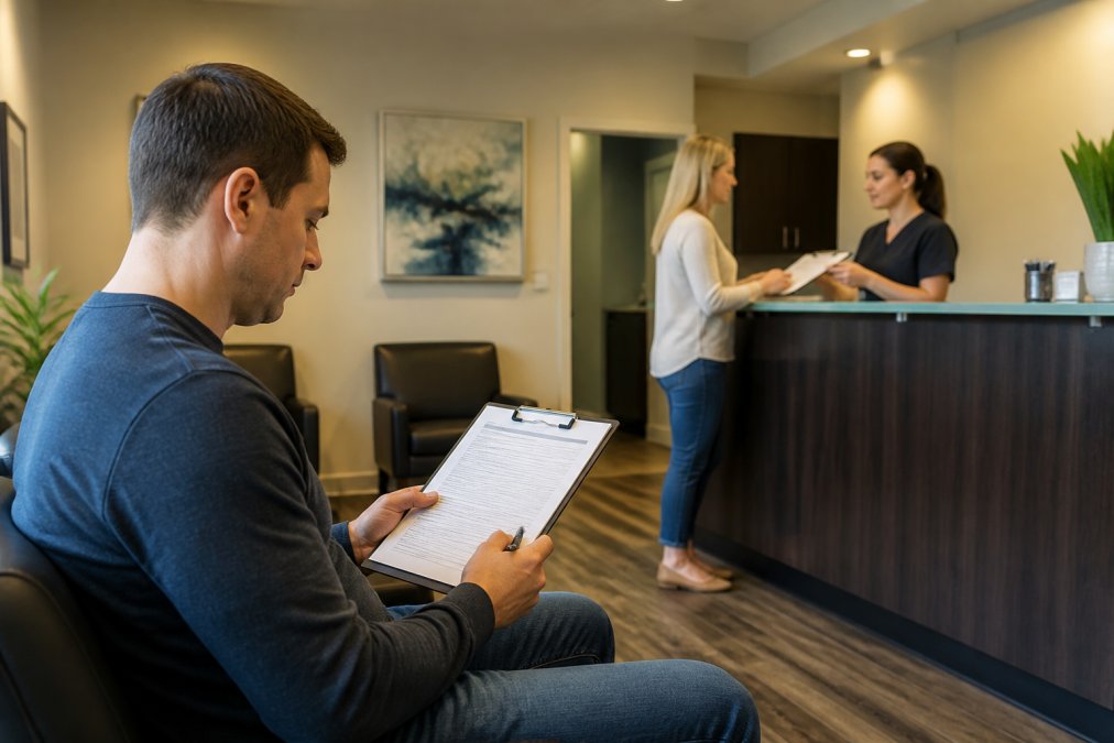 Patient sitting in modern chiropractic clinic waiting room, reviewing insurance forms on clipboard while receptionist checks them in at front desk with warm lighting