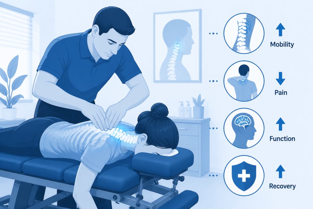 Chiropractor performing a manual cervical spine adjustment on a patient lying face-down on an adjustment table in a modern clinical setting with soft natural lighting