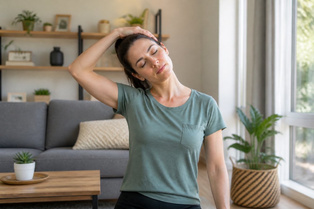 Patient performing gentle neck stretching and mobility exercises at home, demonstrating post-adjustment recovery protocol and rehabilitation exercises in a bright, comfortable living space