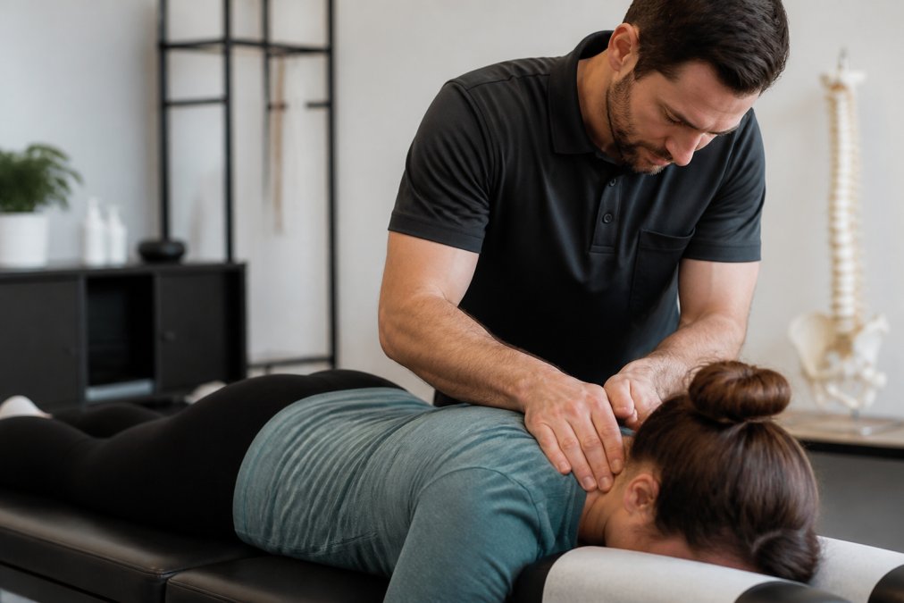 Diagram illustrating the manual cervical spine exam process during chiropractic treatment for car accident injuries