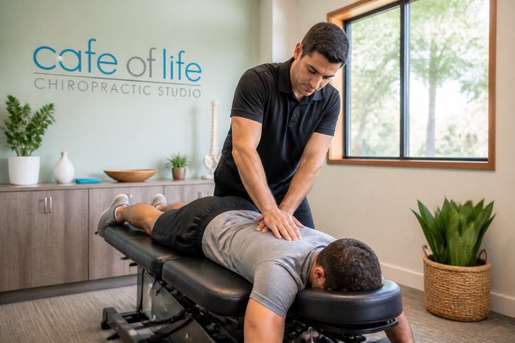 Diagram illustrating the step-by-step process of a chiropractic treatment for chronic back pain relief