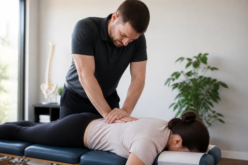 Chiropractor performing spinal adjustment on patient lying face-down on treatment table in clinical setting, demonstrating proper hand positioning and technique with natural window lighting