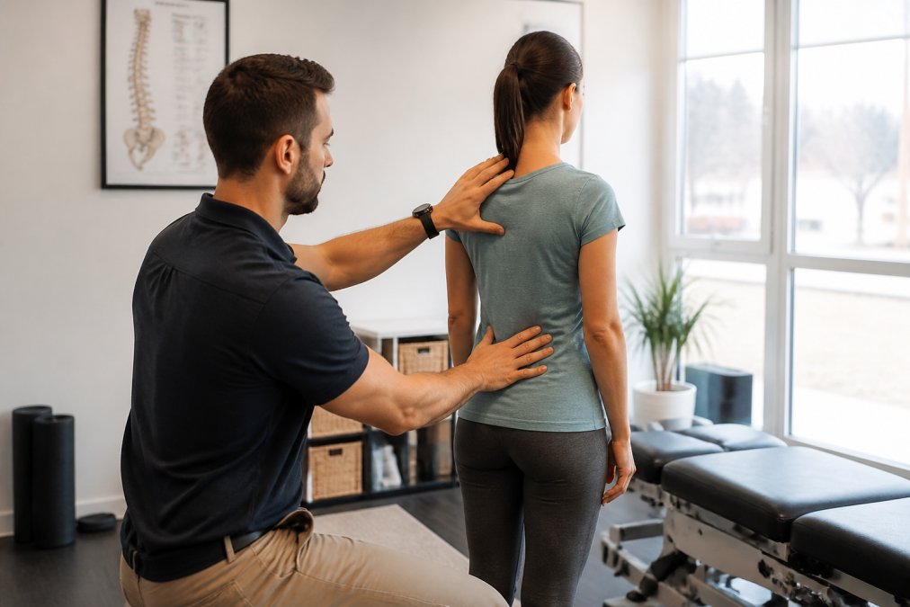 Chiropractor reviewing posture and spinal alignment with patient standing in clinical exam room, demonstrating assessment technique with natural lighting through windows