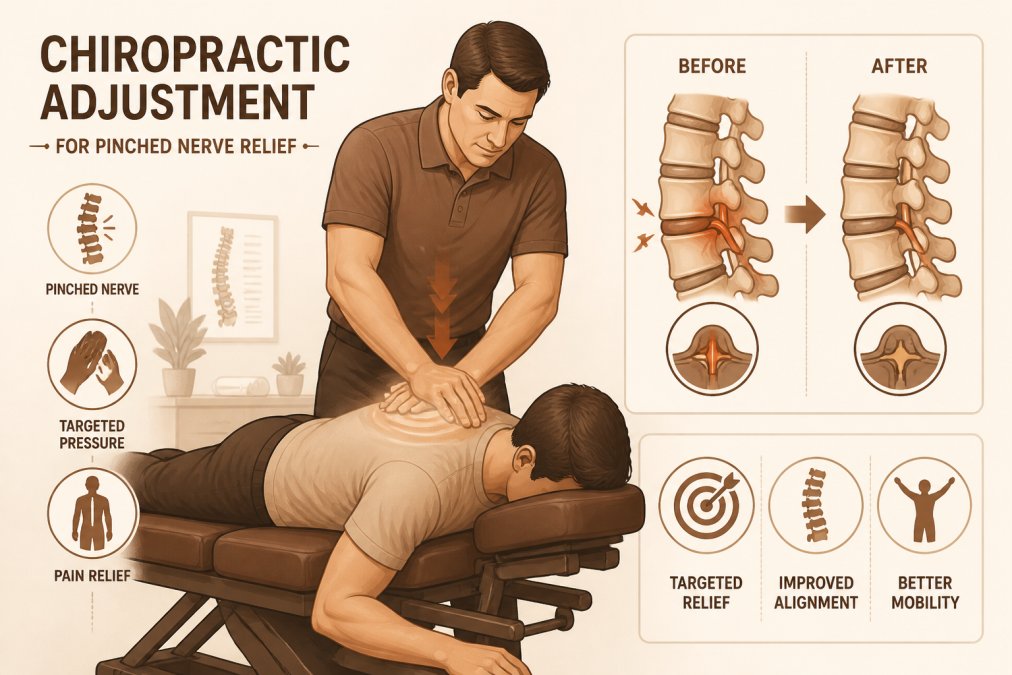 Chiropractor performing spinal adjustment on patient lying face-down on treatment table, hands positioned on upper back with focused pressure, modern clinic lighting