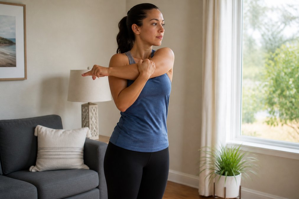 Person performing gentle stretching exercise at home while standing near window with natural daylight, demonstrating proper neutral spine posture with shoulders relaxed