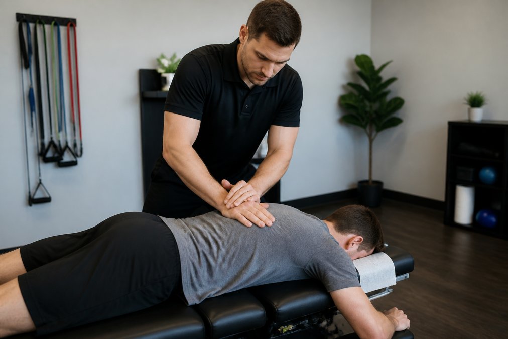 A chiropractor performing a gentle spinal adjustment on an athlete lying face-down on a treatment table in a bright, modern clinic
