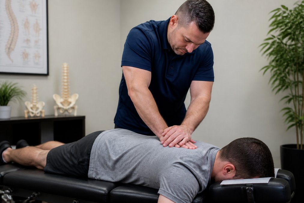 Chiropractor performing spinal adjustment on patient lying face-down on treatment table in clinical setting with soft overhead lighting