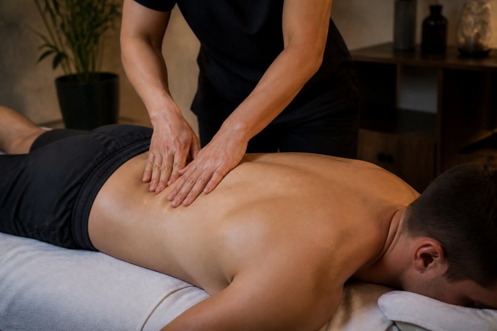 Licensed massage therapist applying deep tissue massage to patient's lower back with hands working on muscle tension, warm clinical lighting