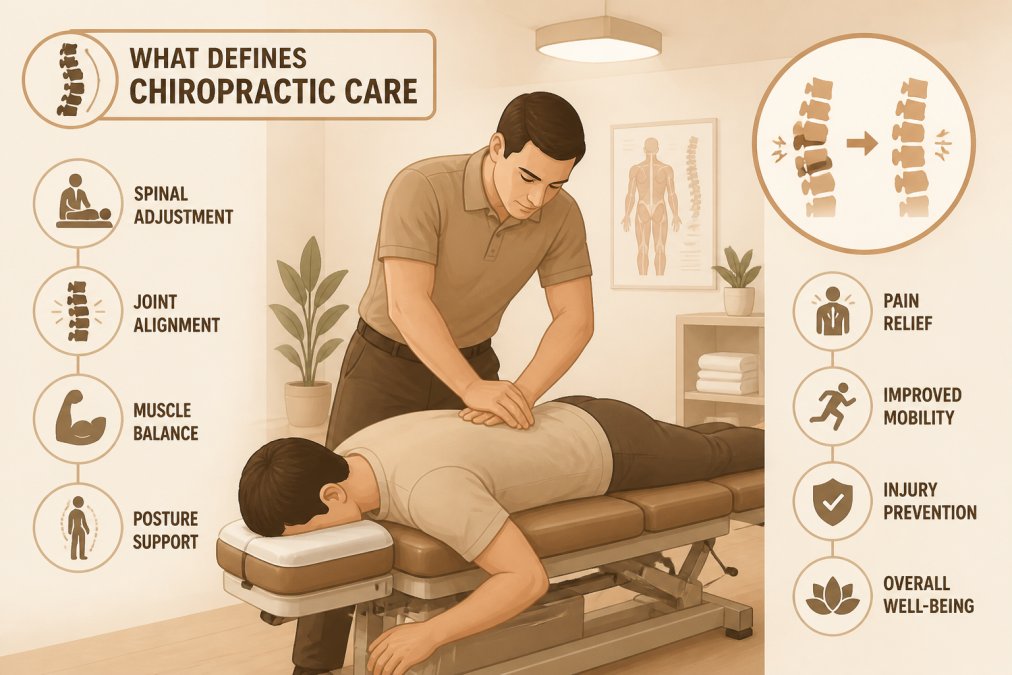 Chiropractor performing spinal adjustment on patient lying face-down on treatment table in modern clinical wellness setting with soft overhead lighting