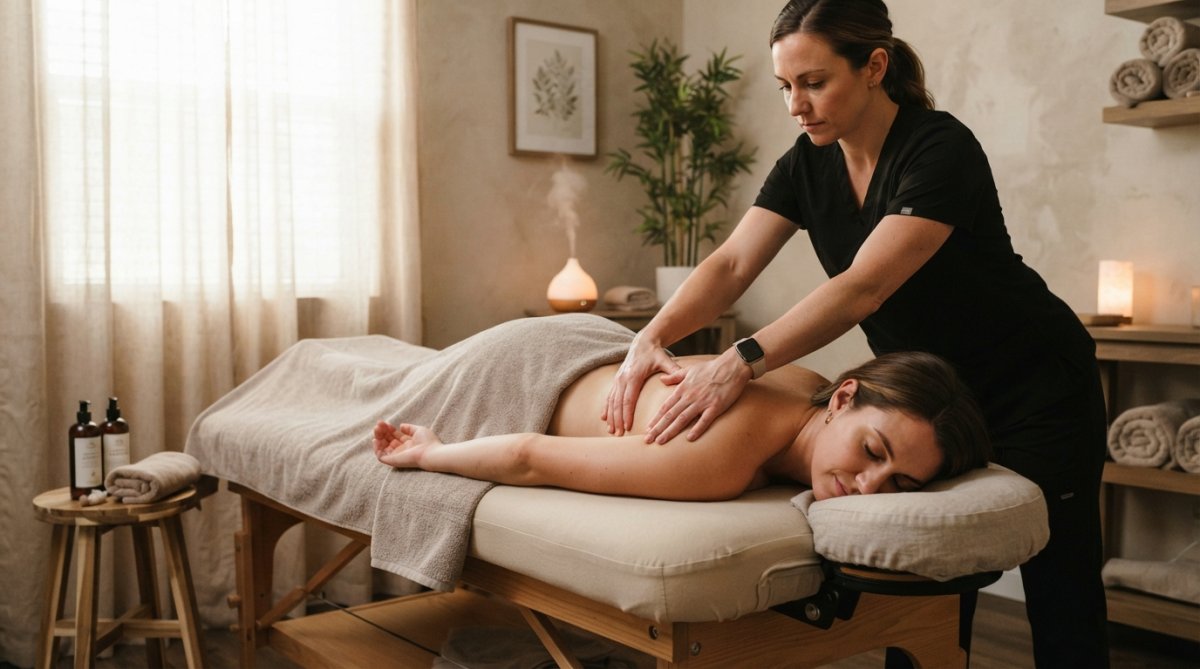 Massage therapist working on client's back and shoulders in calm spa environment with soft ambient lighting and neutral tones