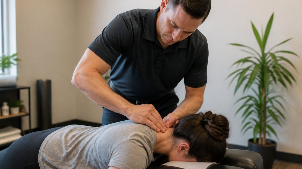 Chiropractor performing gentle neck adjustment on patient lying face-down on treatment table with proper technique and patient comfort visible in modern clinical setting