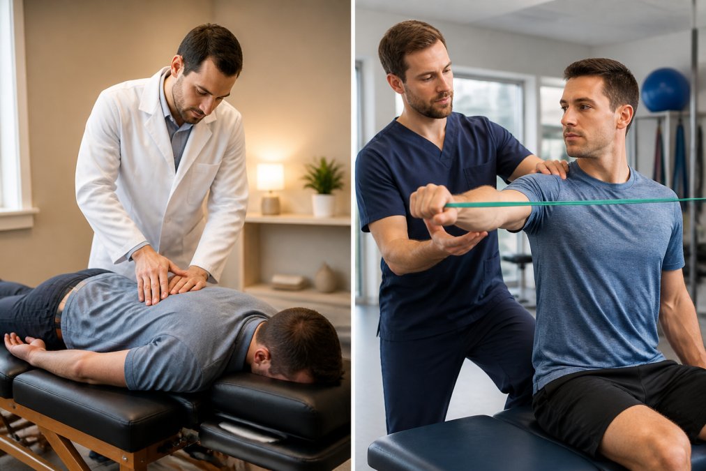 A split-scene photograph showing, on the left, a chiropractor in a white coat applying a hands-on spinal adjustment to a patient lying face-down on a treatment table under warm clinical lighting, and on the right, a physical therapist guiding a seated patient through a resistance band shoulder exercise in a bright, modern rehabilitation clinic