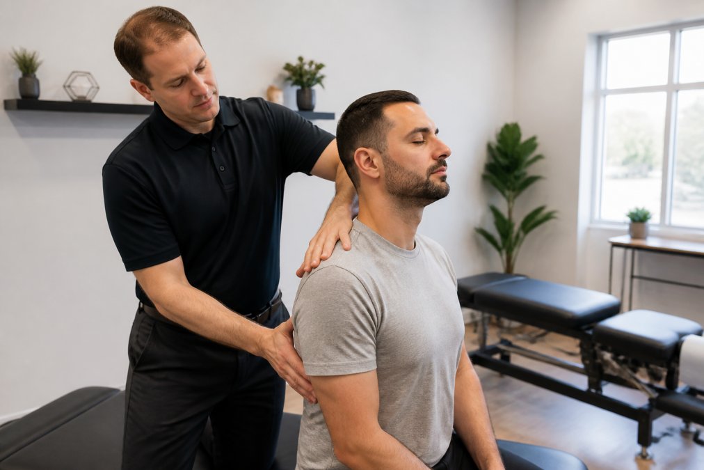 A chiropractor gently adjusting a seated patient's upper back in a bright, modern clinic room, with the patient relaxed and the chiropractor using controlled, precise hand placement