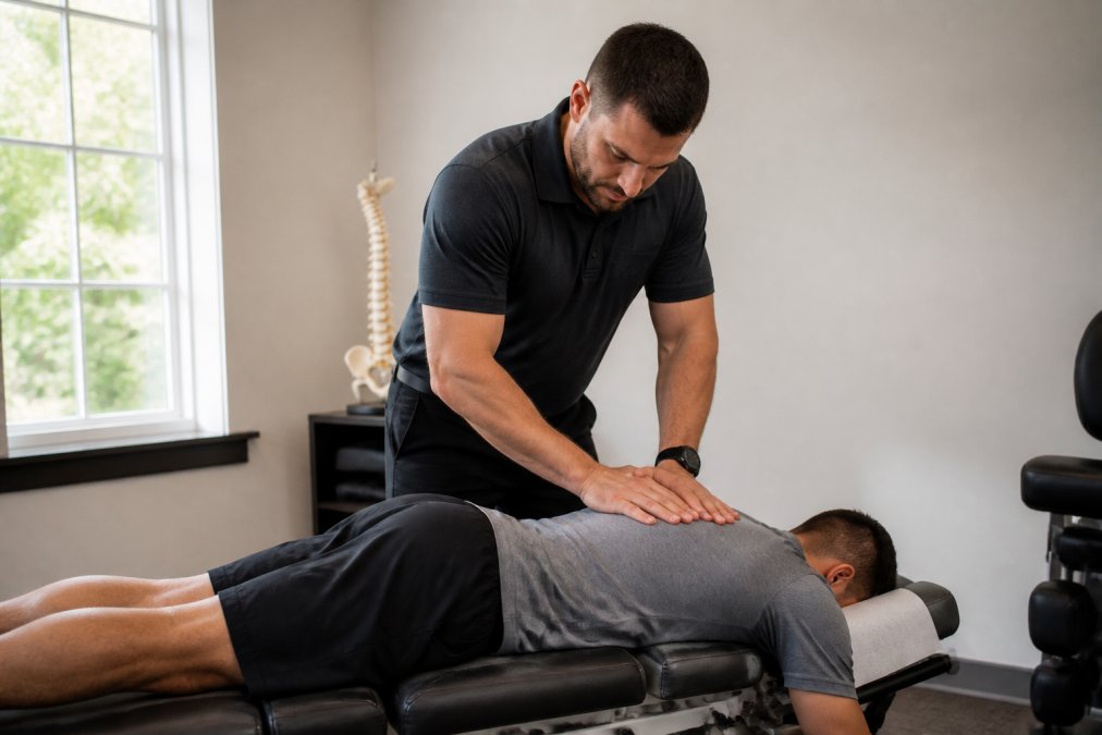 A licensed chiropractor performing a gentle spinal adjustment on a patient lying face-down on a padded treatment table in a clean, well-lit clinical room with neutral walls and professional equipment visible