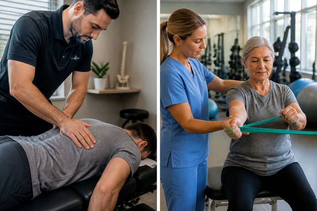 A physical therapist in scrubs guiding a seated patient through a resistance band exercise in a bright rehabilitation clinic with exercise equipment visible in the background