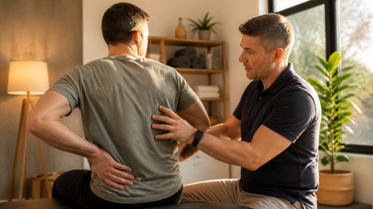 Healthcare professional conducting initial consultation with patient in calm clinical setting, reviewing posture and spinal alignment with natural office lighting