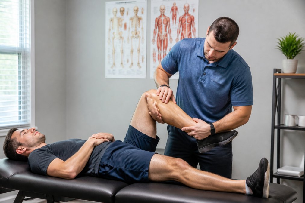 Chiropractor performing a gentle knee adjustment to help heal torn ligaments in a modern clinic